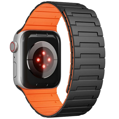For Apple Watch Ultra 3 2 1 49mm / Series 11 10 46mm / 9 8 7 45mm / SE3 SE2 SE 6 5 4 44mm / 3 2 1 42mm Magnetic Silicone Watch Strap - Black+Orange - 1