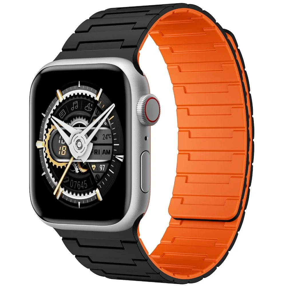 For Apple Watch Ultra 3 2 1 49mm / Series 11 10 46mm / 9 8 7 45mm / SE3 SE2 SE 6 5 4 44mm / 3 2 1 42mm Magnetic Silicone Watch Strap - Black+Orange - 2