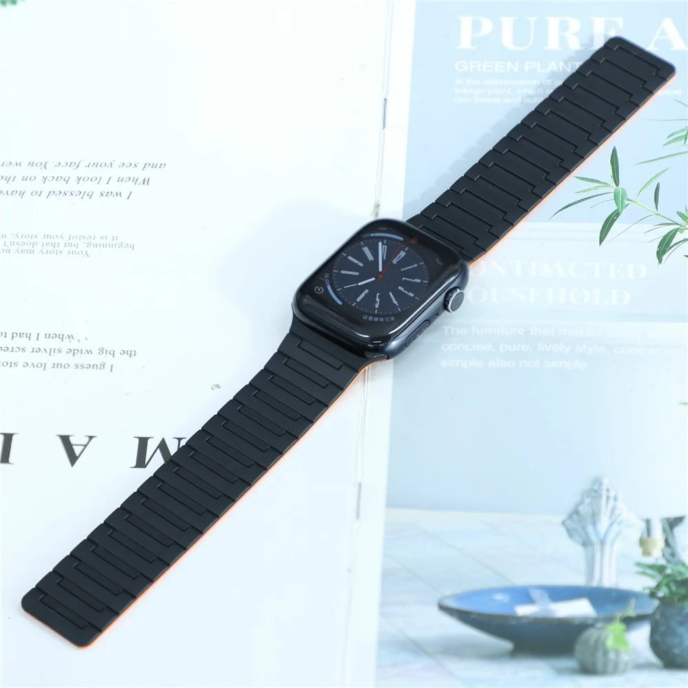 For Apple Watch Ultra 3 2 1 49mm / Series 11 10 46mm / 9 8 7 45mm / SE3 SE2 SE 6 5 4 44mm / 3 2 1 42mm Magnetic Silicone Watch Strap - Black+Orange - 4