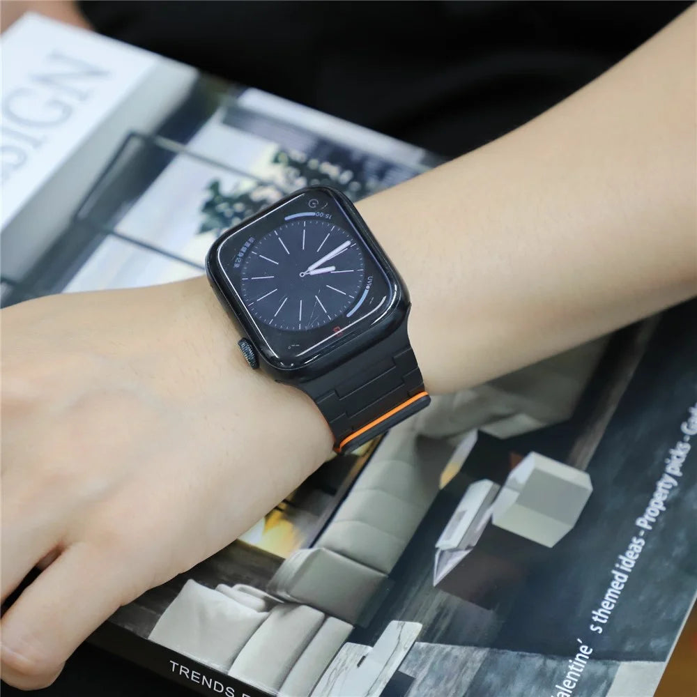 For Apple Watch Ultra 3 2 1 49mm / Series 11 10 46mm / 9 8 7 45mm / SE3 SE2 SE 6 5 4 44mm / 3 2 1 42mm Magnetic Silicone Watch Strap - Black+Orange - 6