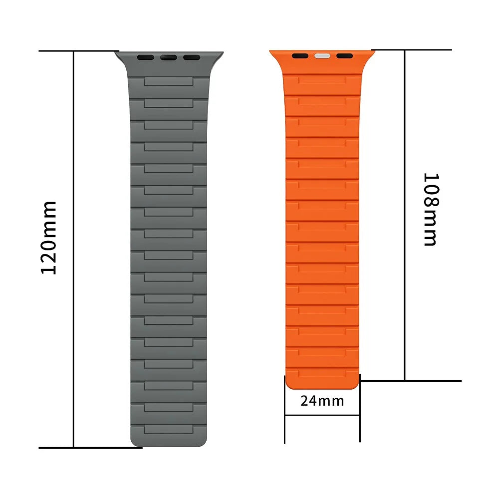 For Apple Watch Ultra 3 2 1 49mm / Series 11 10 46mm / 9 8 7 45mm / SE3 SE2 SE 6 5 4 44mm / 3 2 1 42mm Magnetic Silicone Watch Strap - Black+Orange - 7