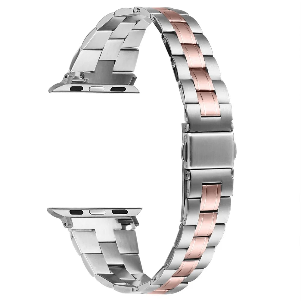 For Apple Watch Ultra 3 2 1 49mm / Series 11 10 46mm / 9 8 7 45mm / SE3 SE2 SE 6 5 4 44mm / 3 2 1 42mm Stainless Steel Band - Silver+Pink Gold - 1
