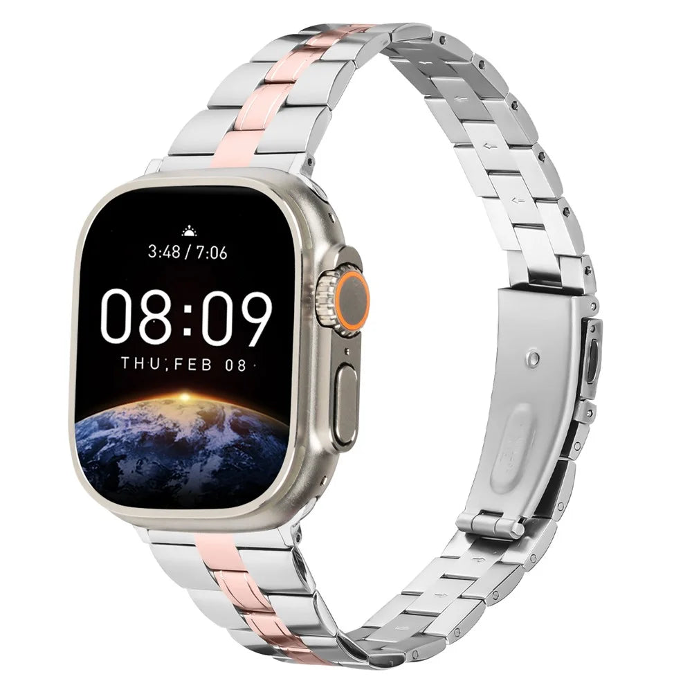 For Apple Watch Ultra 3 2 1 49mm / Series 11 10 46mm / 9 8 7 45mm / SE3 SE2 SE 6 5 4 44mm / 3 2 1 42mm Stainless Steel Band - Silver+Pink Gold - 3