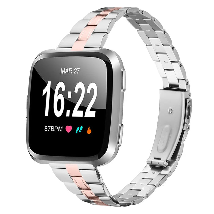 For Fitbit Versa Lite / Versa 2 / Versa Watch Strap Stainless Steel Three-Beads Wrist Band - Silver+Pink Gold - 3