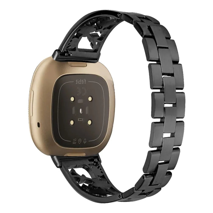Flower Design Rhinestone Decor Stainless Steel Watch Strap Replacement for Fitbit Versa 3/Sense - Black - 1