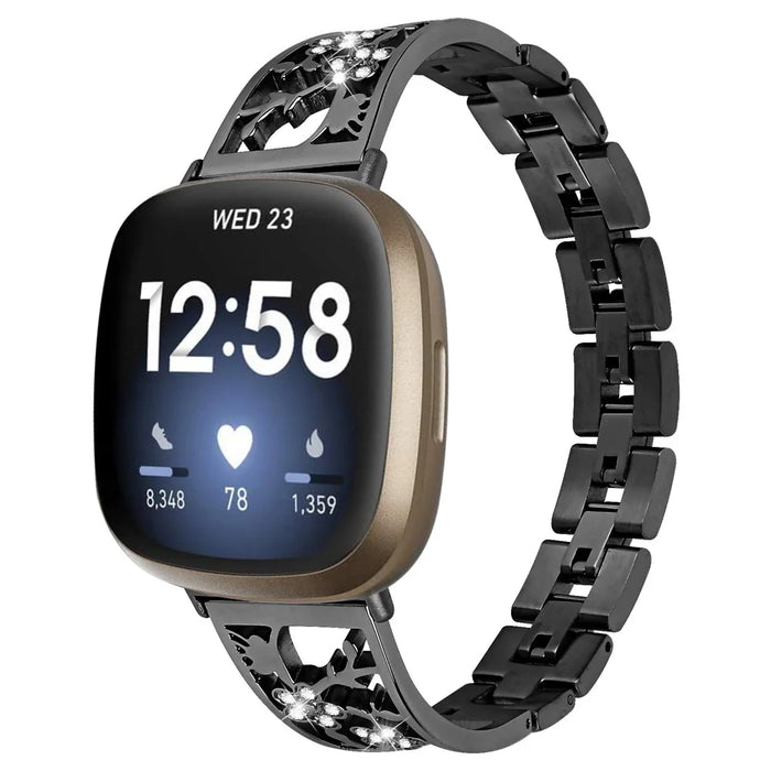 Flower Design Rhinestone Decor Stainless Steel Watch Strap Replacement for Fitbit Versa 3/Sense - Black - 2