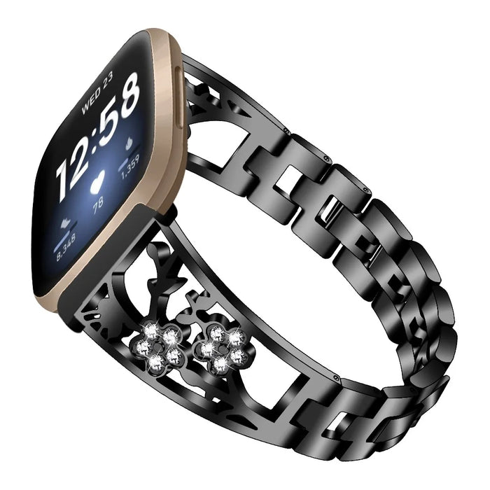 Flower Design Rhinestone Decor Stainless Steel Watch Strap Replacement for Fitbit Versa 3/Sense - Black - 3