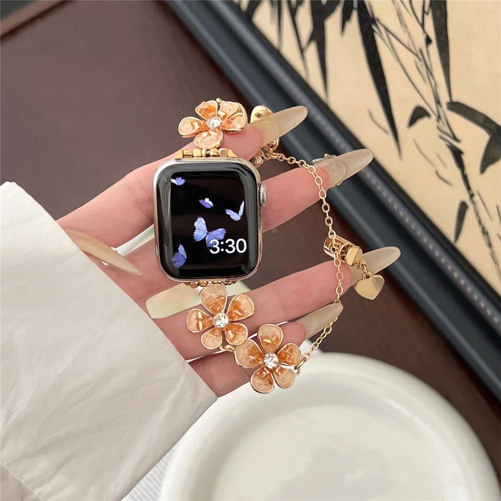 For Apple Watch Series 11 10 42mm / 9 8 7 41mm / SE3 SE2 SE 6 5 4 40mm / 3 2 1 38mm Flower Chain Strap Zinc Alloy Band - Orange - 2