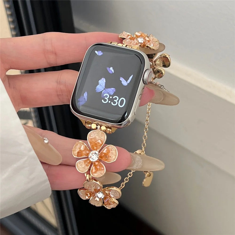 For Apple Watch Series 11 10 42mm / 9 8 7 41mm / SE3 SE2 SE 6 5 4 40mm / 3 2 1 38mm Flower Chain Strap Zinc Alloy Band - Orange - 5