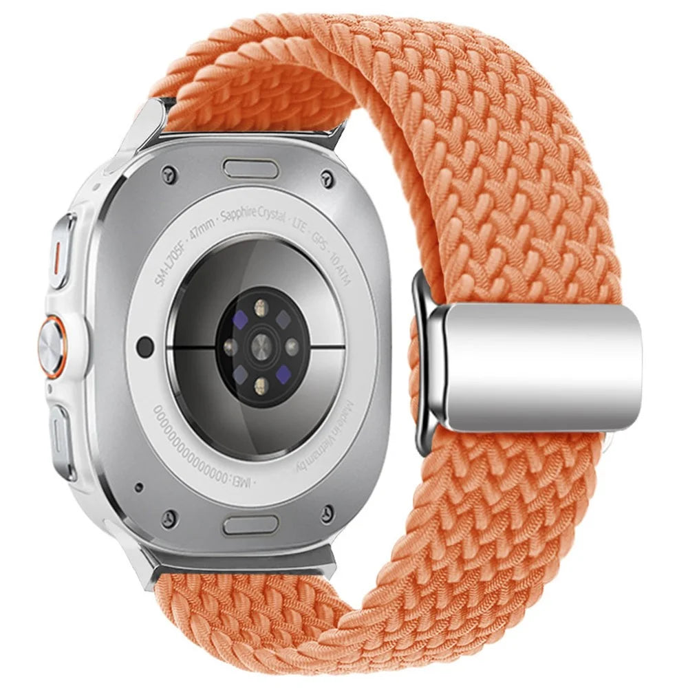 For Samsung Galaxy Watch Ultra2 47mm / Watch Ultra (2025) 47mm / Watch Ultra 47mm Braided Watch Band Magnetic Wrist Strap - Orange+Silver Buckle - 1
