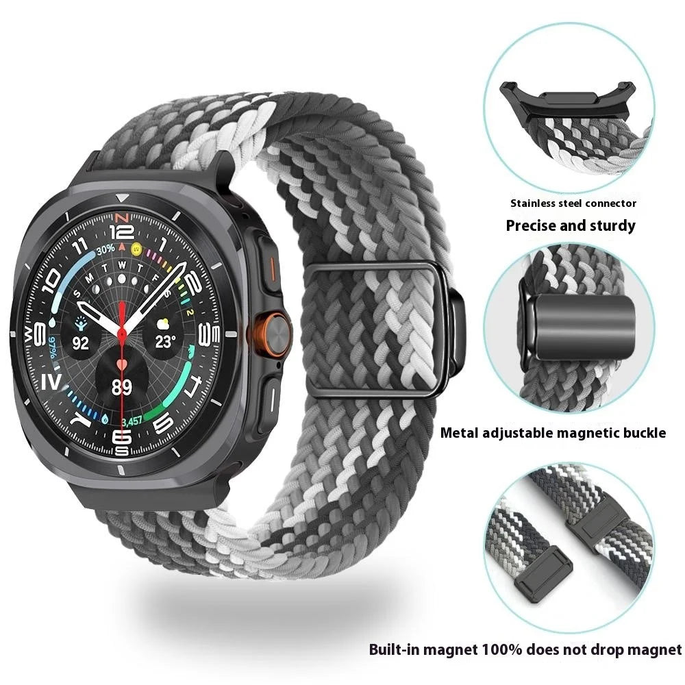 For Samsung Galaxy Watch Ultra2 47mm / Watch Ultra (2025) 47mm / Watch Ultra 47mm Braided Watch Band Magnetic Wrist Strap - Orange+Silver Buckle - 5