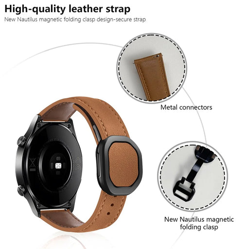 KALEBOL For Huawei Watch 4 / 4 Pro / GT 4 46mm Watch Strap 22mm Nautilus Magnetic Buckle Genuine Cow Leather Band - Brown - 2