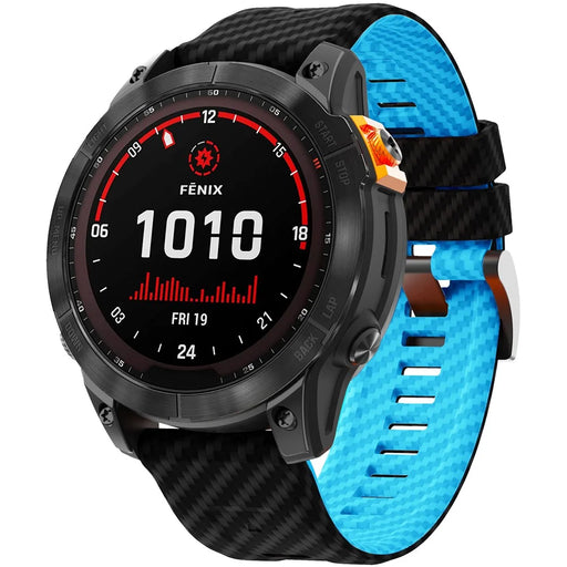 KALEBOL For Garmin Fenix 7 / 7 Pro 47mm / 6 / 6 Pro Silicone Watch Band QuickFit 22mm Carbon Fiber Texture Strap - Black+Sky Blue - 2