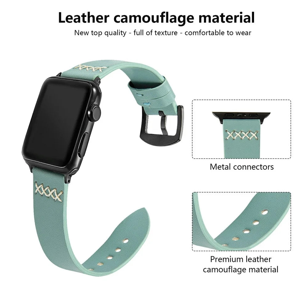 KALEBOL For Apple Watch Ultra 3 2 1 49mm / Series 11 10 46mm / 9 8 7 45mm / SE3 SE2 SE 6 5 4 44mm / 3 2 1 42mm Cross-Stitch Leather Strap - Green - 3