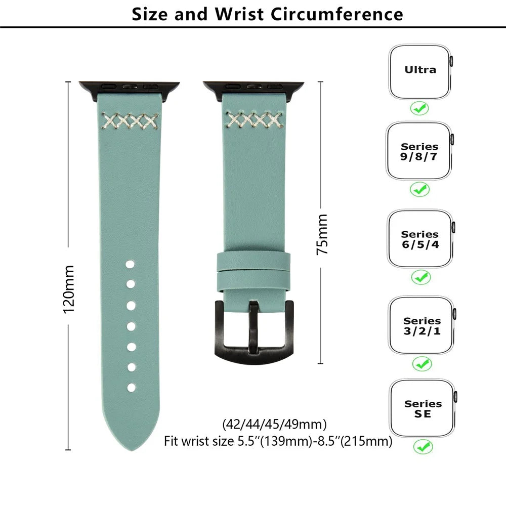 KALEBOL For Apple Watch Ultra 3 2 1 49mm / Series 11 10 46mm / 9 8 7 45mm / SE3 SE2 SE 6 5 4 44mm / 3 2 1 42mm Cross-Stitch Leather Strap - Green - 4
