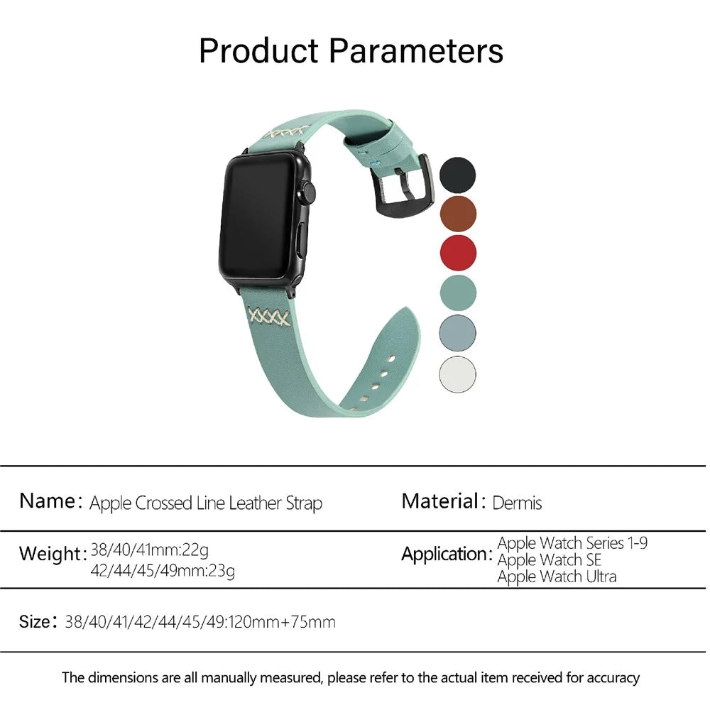 KALEBOL For Apple Watch Ultra 3 2 1 49mm / Series 11 10 46mm / 9 8 7 45mm / SE3 SE2 SE 6 5 4 44mm / 3 2 1 42mm Cross-Stitch Leather Strap - Green - 5