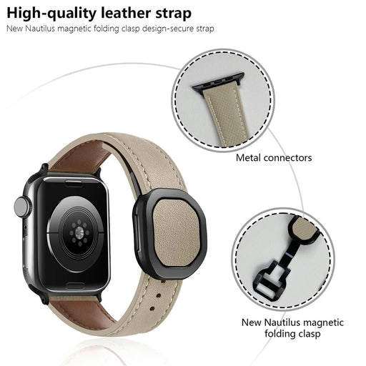 KALEBOL For Apple Watch Ultra 3 2 1 49mm / Series 11 10 46mm / 9 8 7 45mm / SE3 SE2 SE 6 5 4 44mm / 3 2 1 42mm Genuine Cow Leather Band -  Apricot - 2