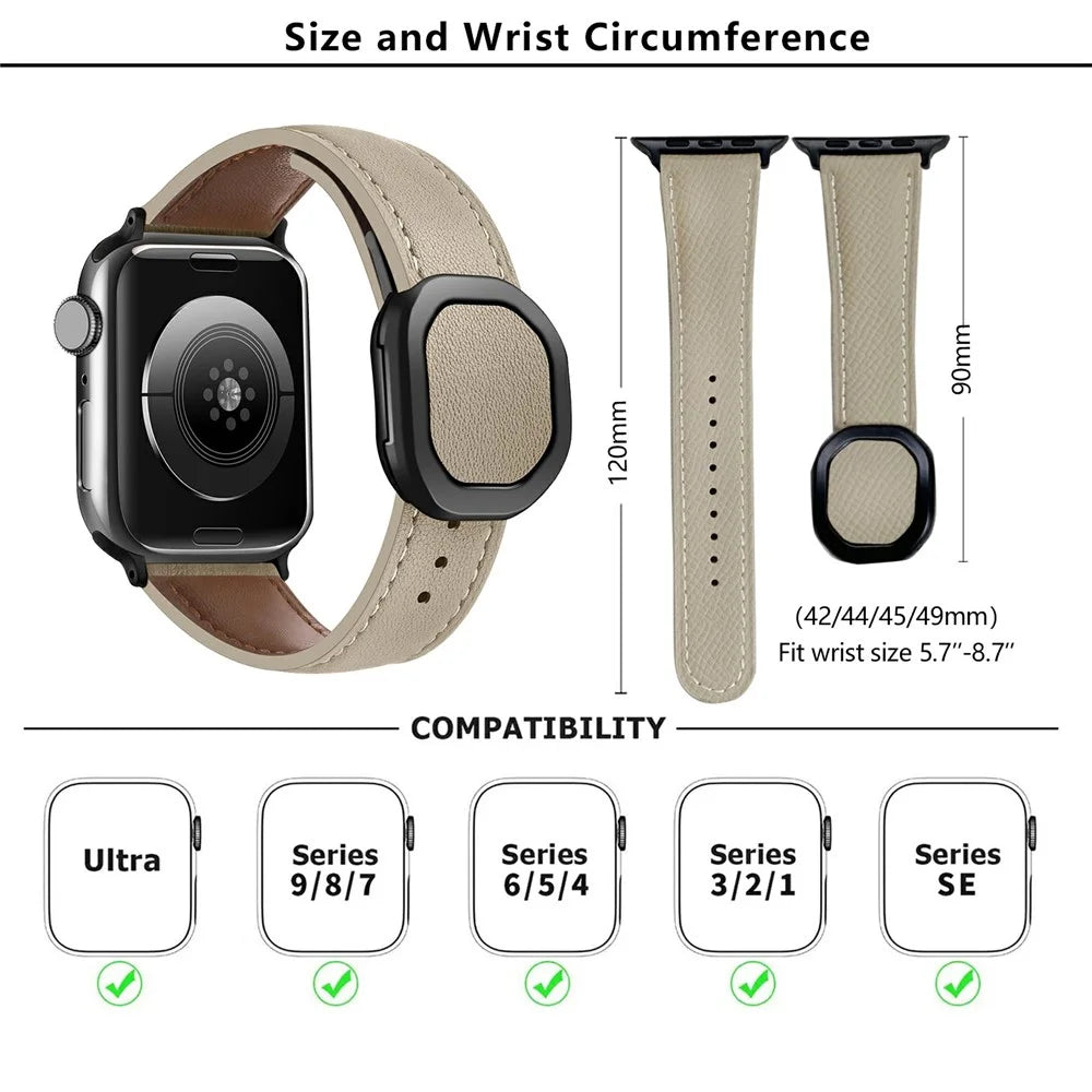 KALEBOL For Apple Watch Ultra 3 2 1 49mm / Series 11 10 46mm / 9 8 7 45mm / SE3 SE2 SE 6 5 4 44mm / 3 2 1 42mm Genuine Cow Leather Band -  Apricot - 3