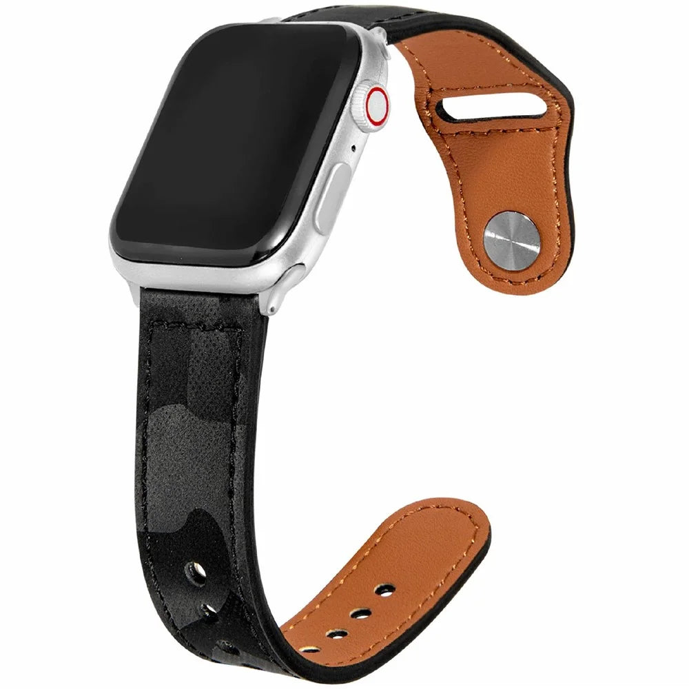 KALEBOL For Apple Watch Series 11 10 42mm / 9 8 7 41mm / SE3 SE2 SE 6 5 4 40mm / 3 2 1 38mm Genuine Cow Leather Strap Camouflage - Black - 2