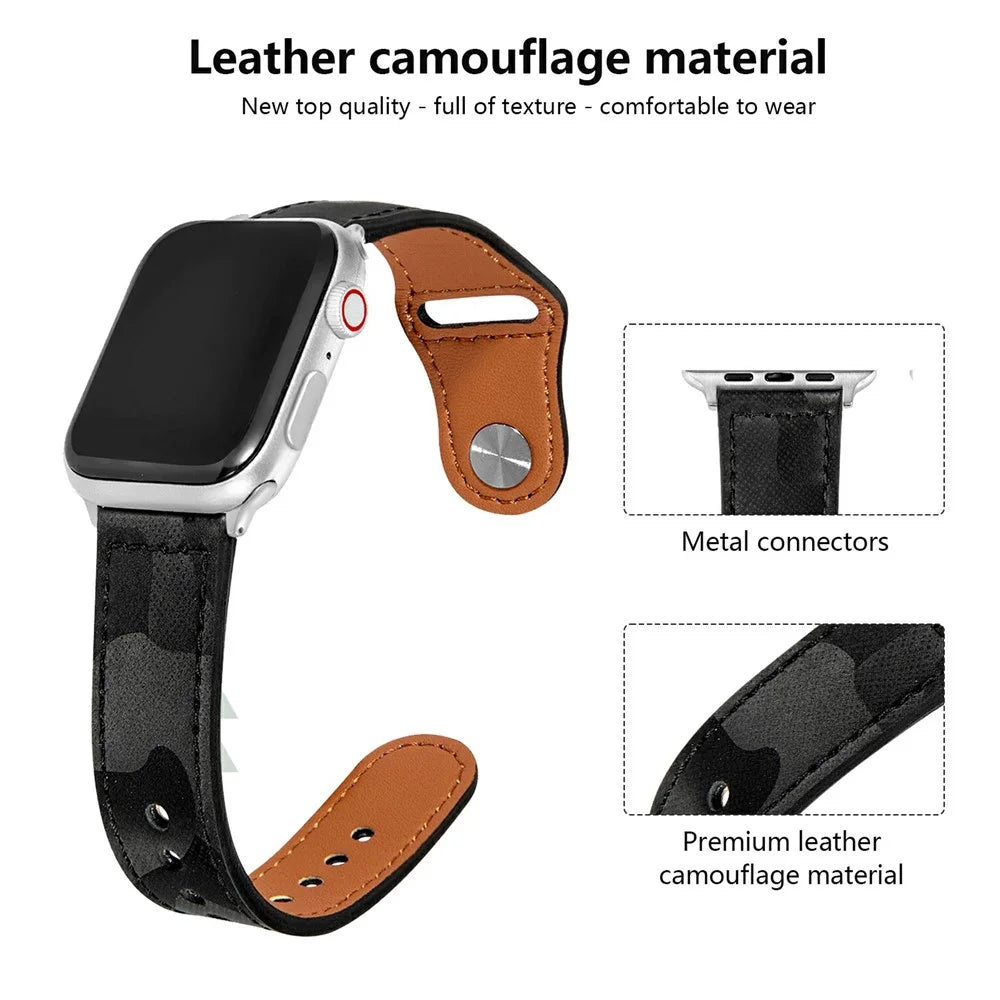 KALEBOL For Apple Watch Series 11 10 42mm / 9 8 7 41mm / SE3 SE2 SE 6 5 4 40mm / 3 2 1 38mm Genuine Cow Leather Strap Camouflage - Black - 3