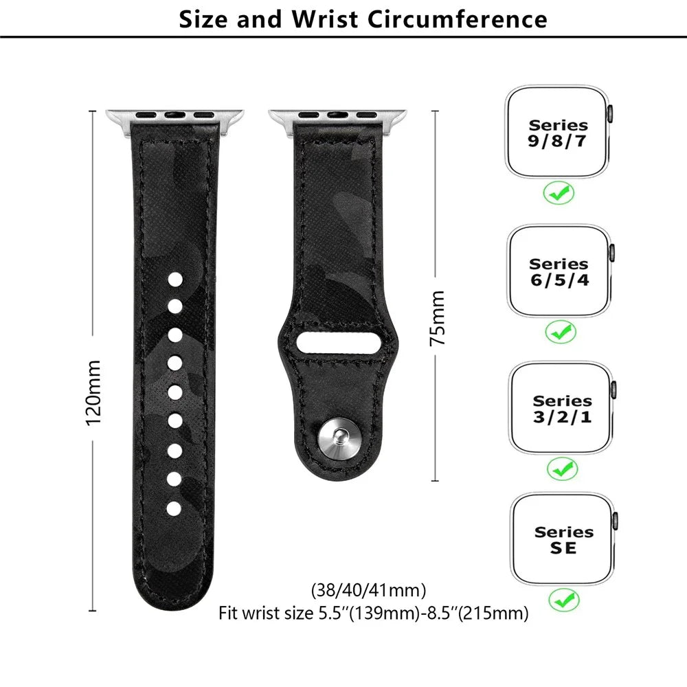 KALEBOL For Apple Watch Series 11 10 42mm / 9 8 7 41mm / SE3 SE2 SE 6 5 4 40mm / 3 2 1 38mm Genuine Cow Leather Strap Camouflage - Black - 4