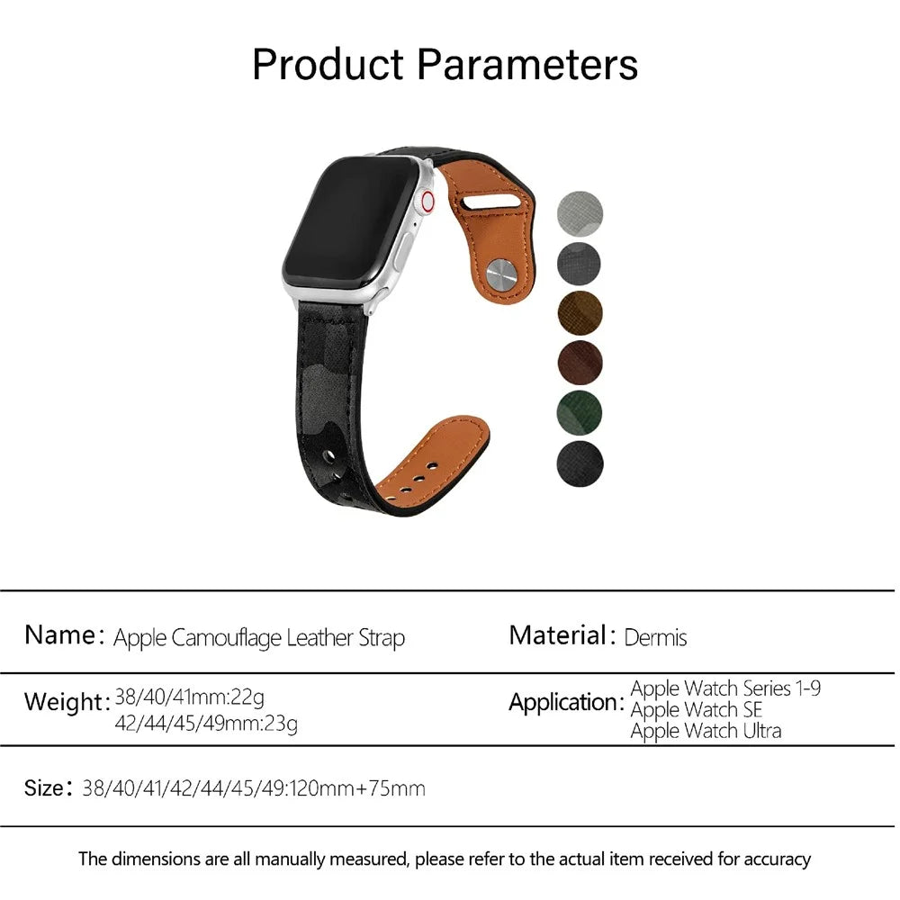 KALEBOL For Apple Watch Series 11 10 42mm / 9 8 7 41mm / SE3 SE2 SE 6 5 4 40mm / 3 2 1 38mm Genuine Cow Leather Strap Camouflage - Black - 6