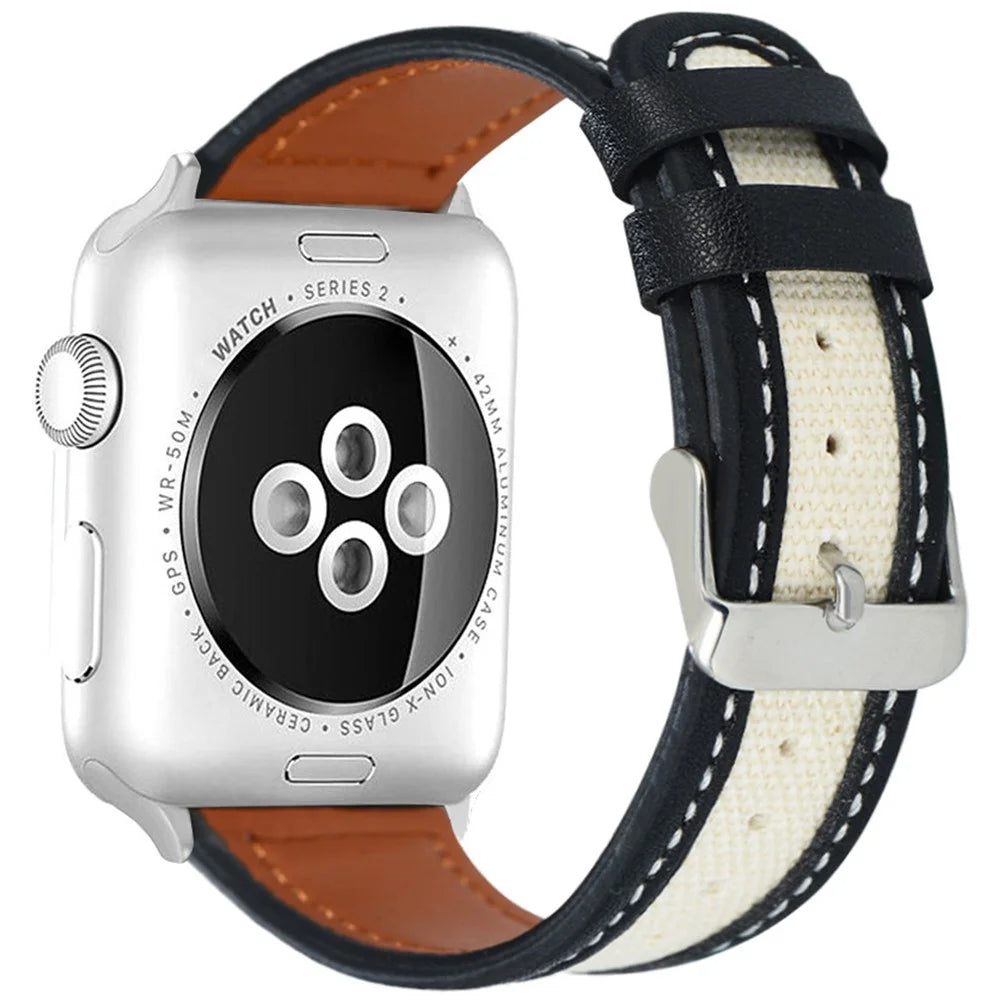 KALEBOL For Apple Watch Series 11 10 42mm / 9 8 7 41mm / SE3 SE2 SE 6 5 4 40mm / 3 2 1 38mm Genuine Cow Leather Strap - Black+White - 2