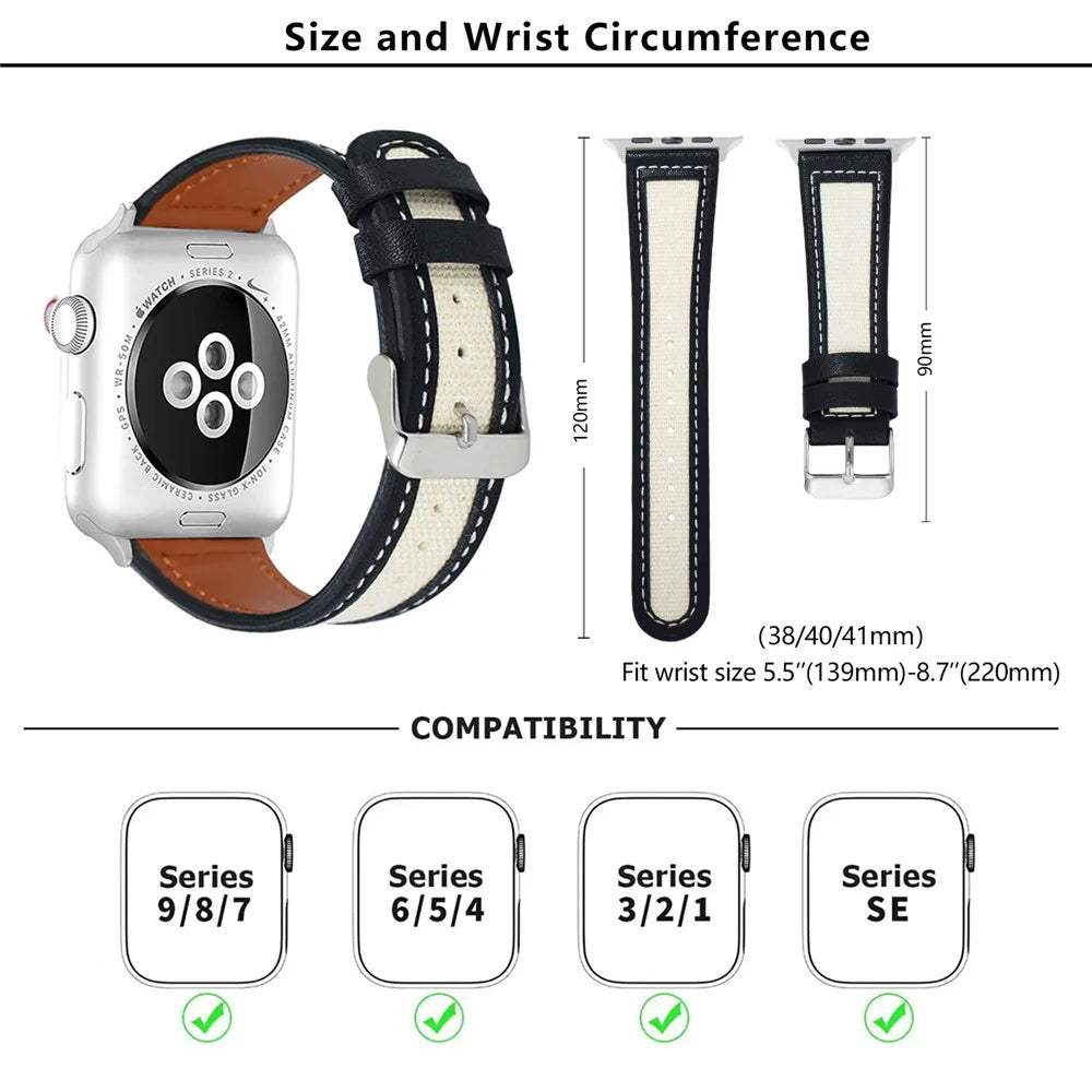KALEBOL For Apple Watch Series 11 10 42mm / 9 8 7 41mm / SE3 SE2 SE 6 5 4 40mm / 3 2 1 38mm Genuine Cow Leather Strap - Black+White - 4