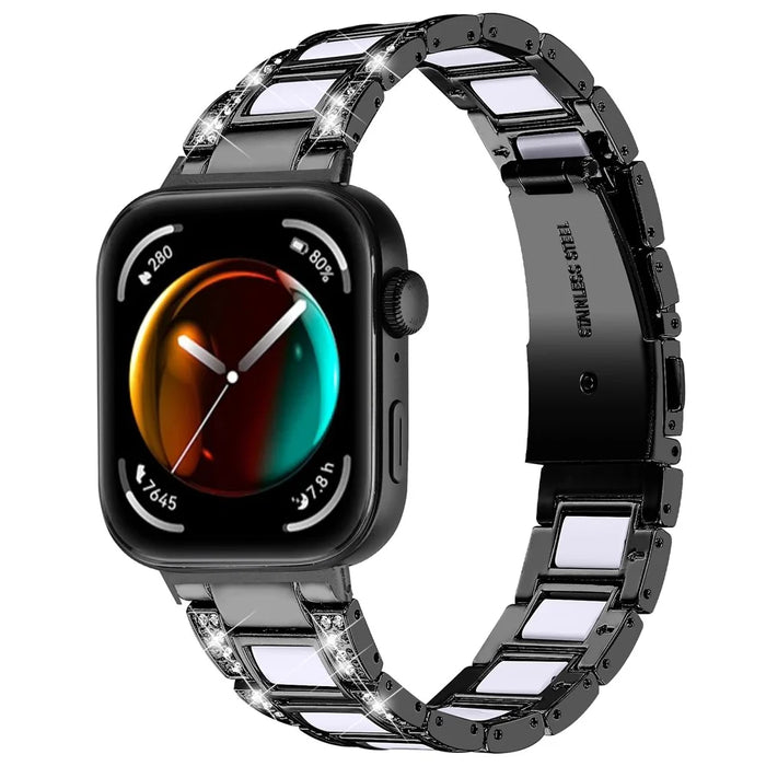 For Huawei Watch Fit 3 Metal Alloy Watch Band Rhinestones Resin Wristband Bracelet - Black+White - 2
