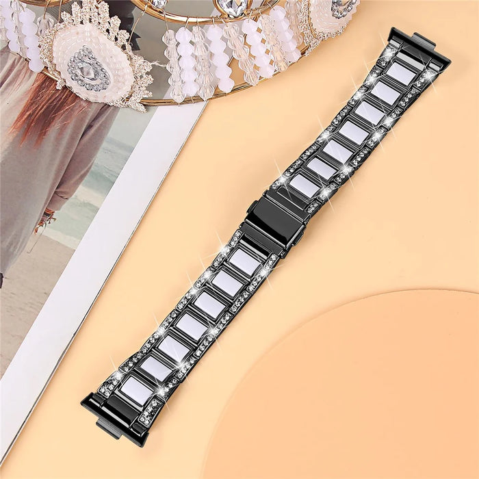 For Huawei Watch Fit 3 Metal Alloy Watch Band Rhinestones Resin Wristband Bracelet - Black+White - 3