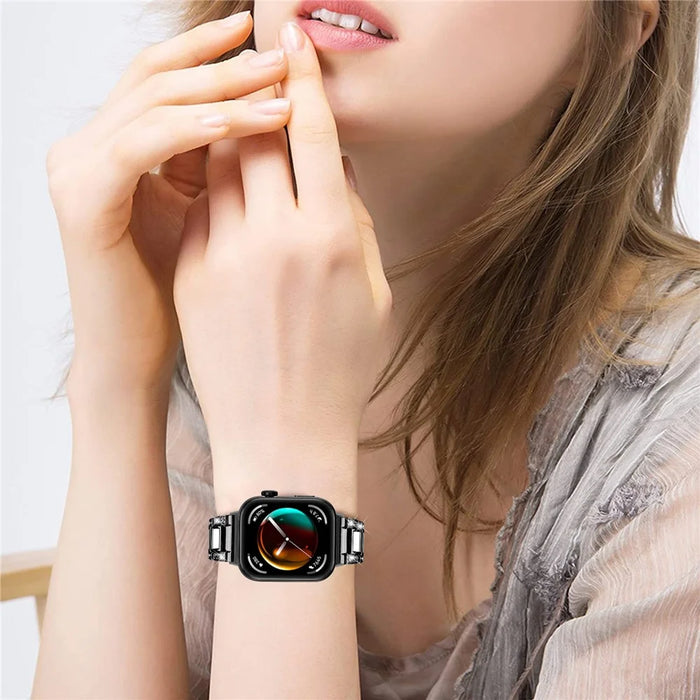 For Huawei Watch Fit 3 Metal Alloy Watch Band Rhinestones Resin Wristband Bracelet - Black+White - 4