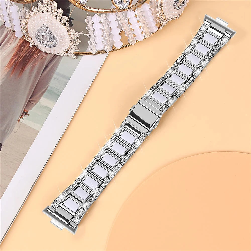 For Huawei Watch Fit 3 Metal Alloy Watch Band Rhinestones Resin Wristband Bracelet - Silver+White - 3