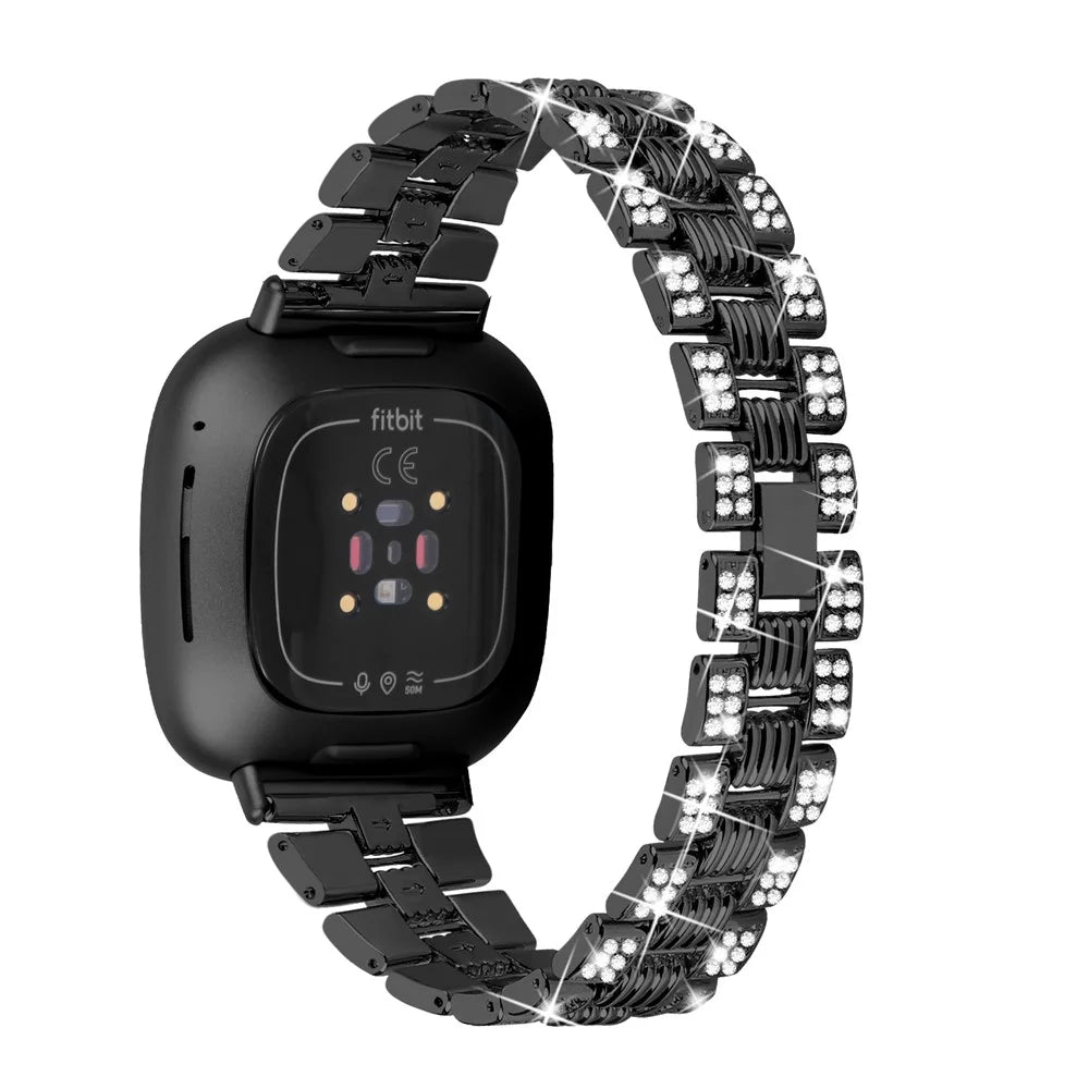 Rhinestone Decor Thread Zinc Alloy Watch Strap Replacement for Fitbit Versa 3/Sense - Black - 1