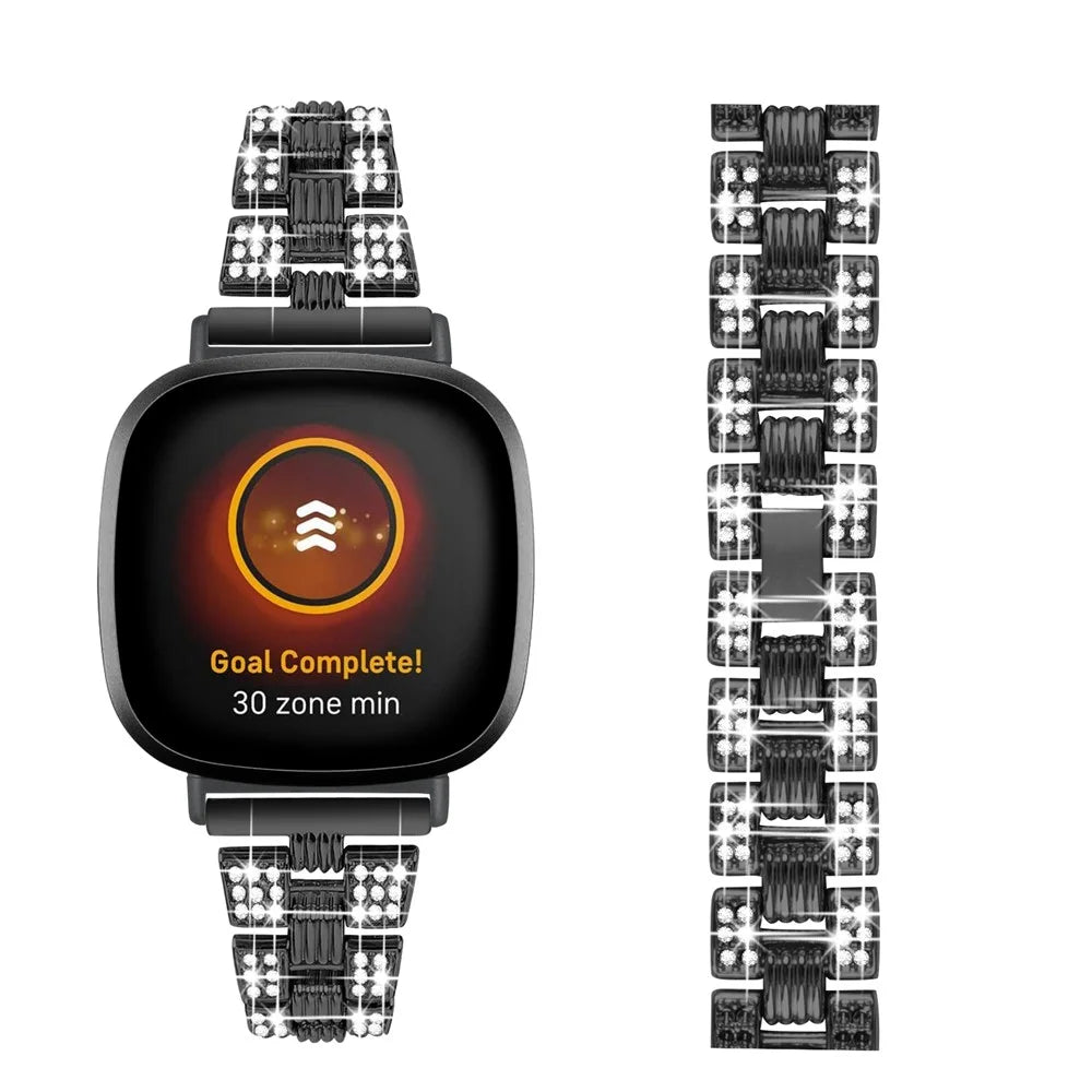 Rhinestone Decor Thread Zinc Alloy Watch Strap Replacement for Fitbit Versa 3/Sense - Black - 2