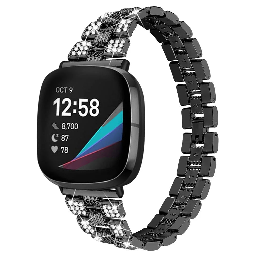 Rhinestone Decor Thread Zinc Alloy Watch Strap Replacement for Fitbit Versa 3/Sense - Black - 3
