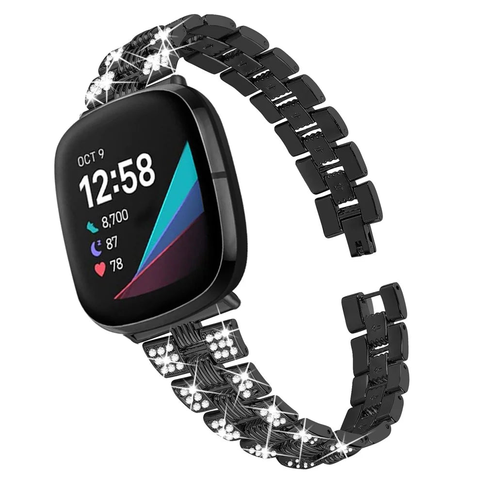 Rhinestone Decor Thread Zinc Alloy Watch Strap Replacement for Fitbit Versa 3/Sense - Black - 4