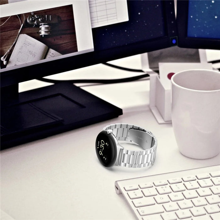 For Google Pixel Watch 4 45mm / Watch 3 45mm Watch Strap 3-bead Stainless Steel Replacement Wrist Band - Silver - 7