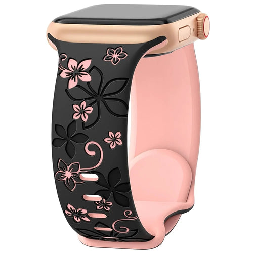 For Apple Watch Series 11 10 42mm / 9 8 7 41mm / SE3 SE2 SE 6 5 4 40mm / 3 2 1 38mm Silicone Flower Pattern Band - Black  /  Pink - 1