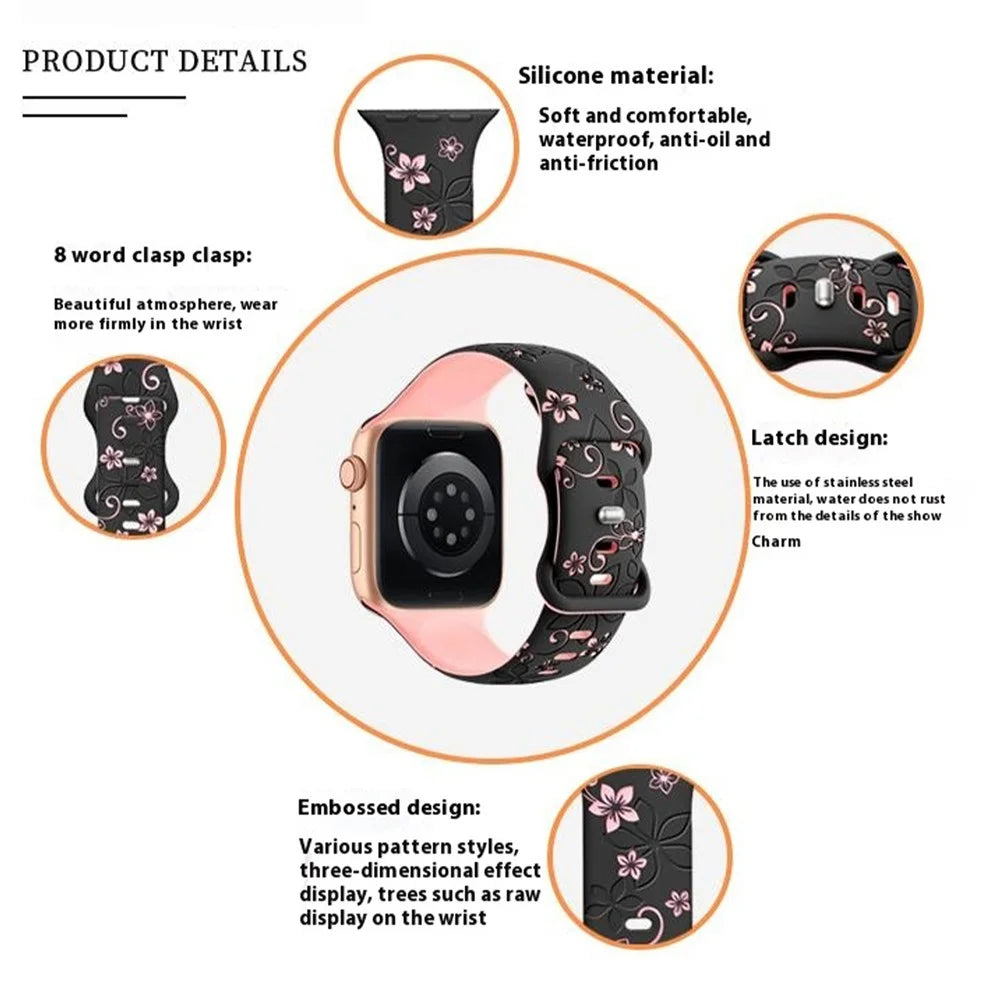 For Apple Watch Series 11 10 42mm / 9 8 7 41mm / SE3 SE2 SE 6 5 4 40mm / 3 2 1 38mm Silicone Flower Pattern Band - Black  /  Pink - 2