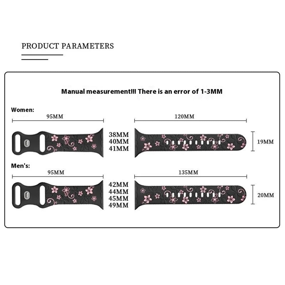 For Apple Watch Series 11 10 42mm / 9 8 7 41mm / SE3 SE2 SE 6 5 4 40mm / 3 2 1 38mm Silicone Flower Pattern Band - Black  /  Pink - 3