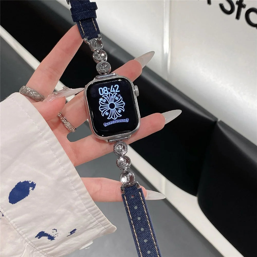 For Xiaomi Smart Band 9 / 9 NFC / 8 / 8 NFC Denim Watch Band Metal Button Replacement Strap - Silver  /  Dark Denim - 2