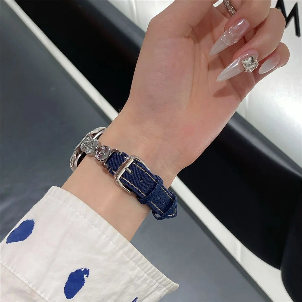 For Xiaomi Smart Band 9 / 9 NFC / 8 / 8 NFC Denim Watch Band Metal Button Replacement Strap - Silver  /  Dark Denim - 4