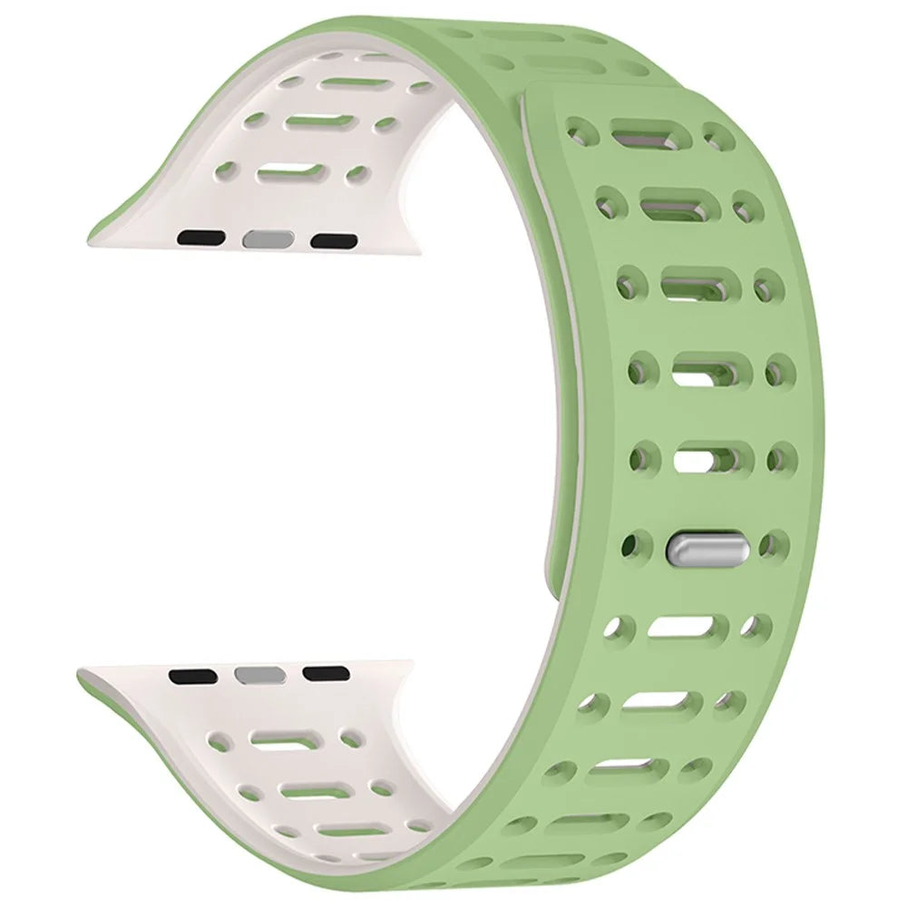 For Apple Watch Series 11 10 42mm / 9 8 7 41mm / SE3 SE2 SE 6 5 4 40mm / 3 2 1 38mm Magnetic Silicone Sport Band - Mint Green  /  Starlight - 1