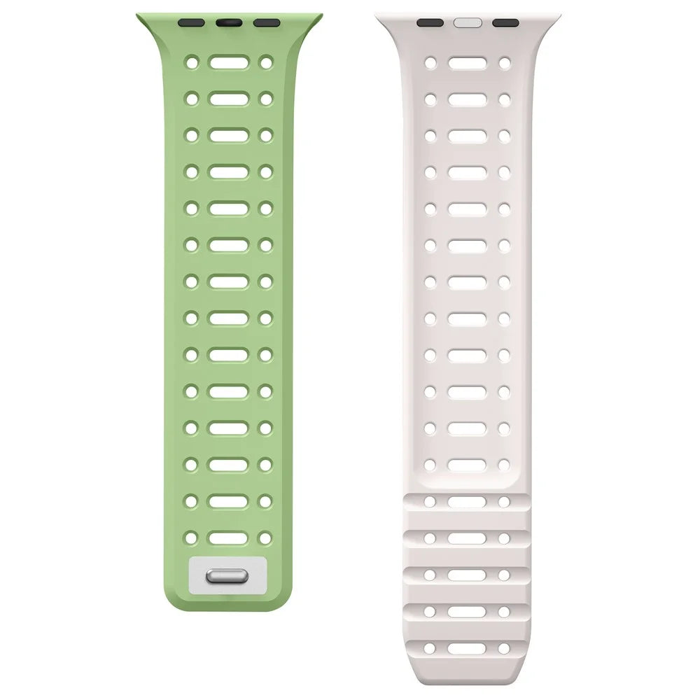 For Apple Watch Series 11 10 42mm / 9 8 7 41mm / SE3 SE2 SE 6 5 4 40mm / 3 2 1 38mm Magnetic Silicone Sport Band - Mint Green  /  Starlight - 2