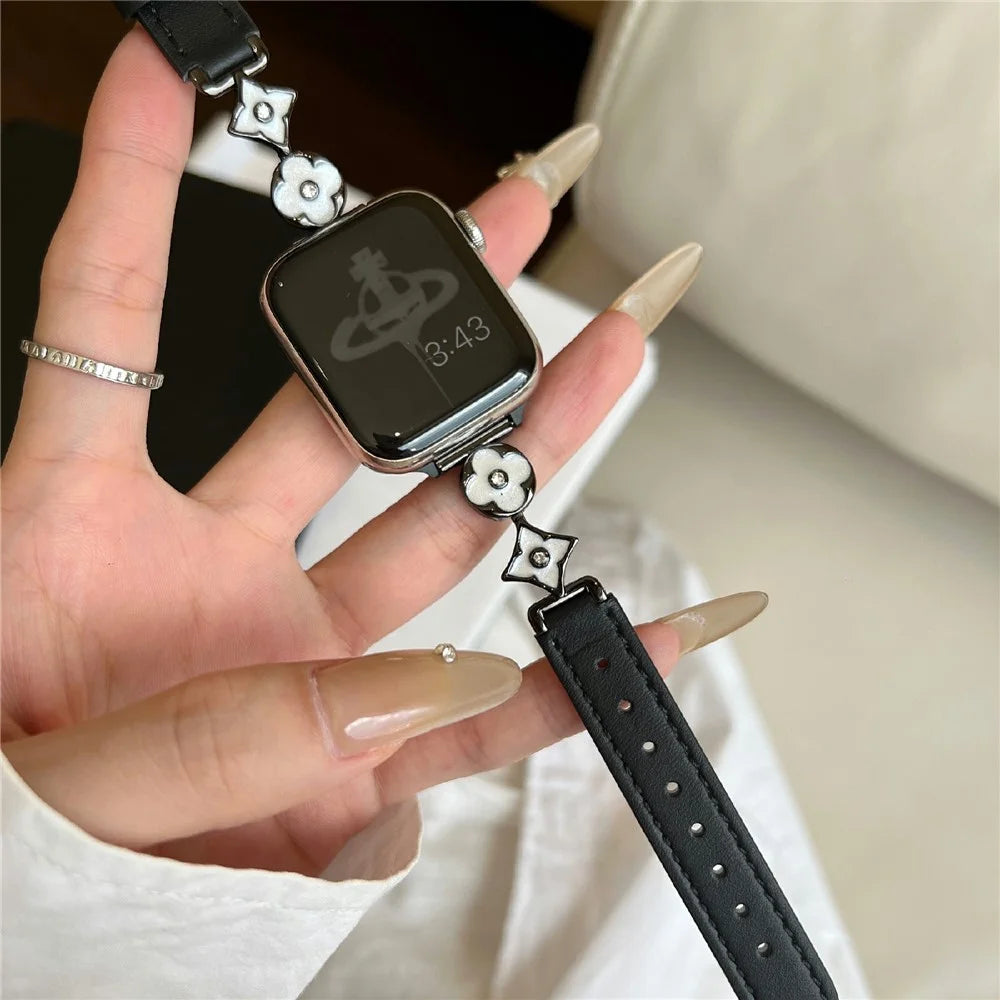 For Apple Watch Ultra 3 2 1 49mm / Series 11 10 46mm / 9 8 7 45mm / SE3 SE2 SE 6 5 4 44mm / 3 2 1 42mm Leather Watch Band - Black  /  White Black - 2