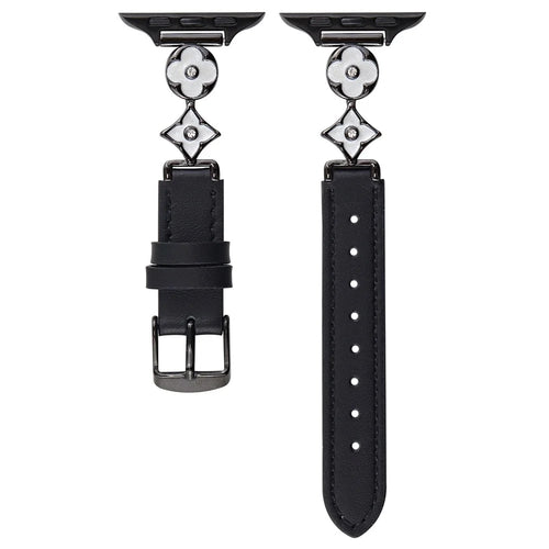 For Apple Watch Series 11 10 42mm / 9 8 7 41mm / SE3 SE2 SE 6 5 4 40mm / 3 2 1 38mm Leather Watch Band with Floral Connector - Black / White Black - 1