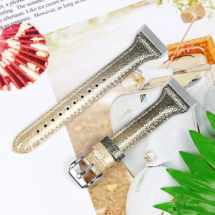 Gradient Glitter Surface Genuine Leather Watch Strap Replacement for Fitbit Versa 3/Sense - Gold - 3