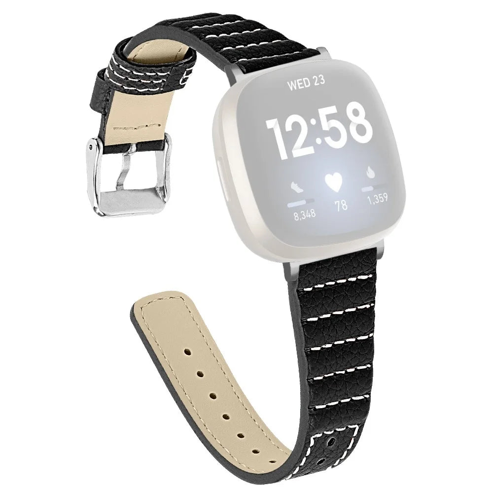 Wave Design Genuine Leather Watch Strap Replacement for Fitbit Versa 3/Fitbit Sense - Black - 1