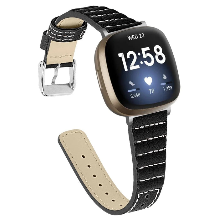 Wave Design Genuine Leather Watch Strap Replacement for Fitbit Versa 3/Fitbit Sense - Black - 2
