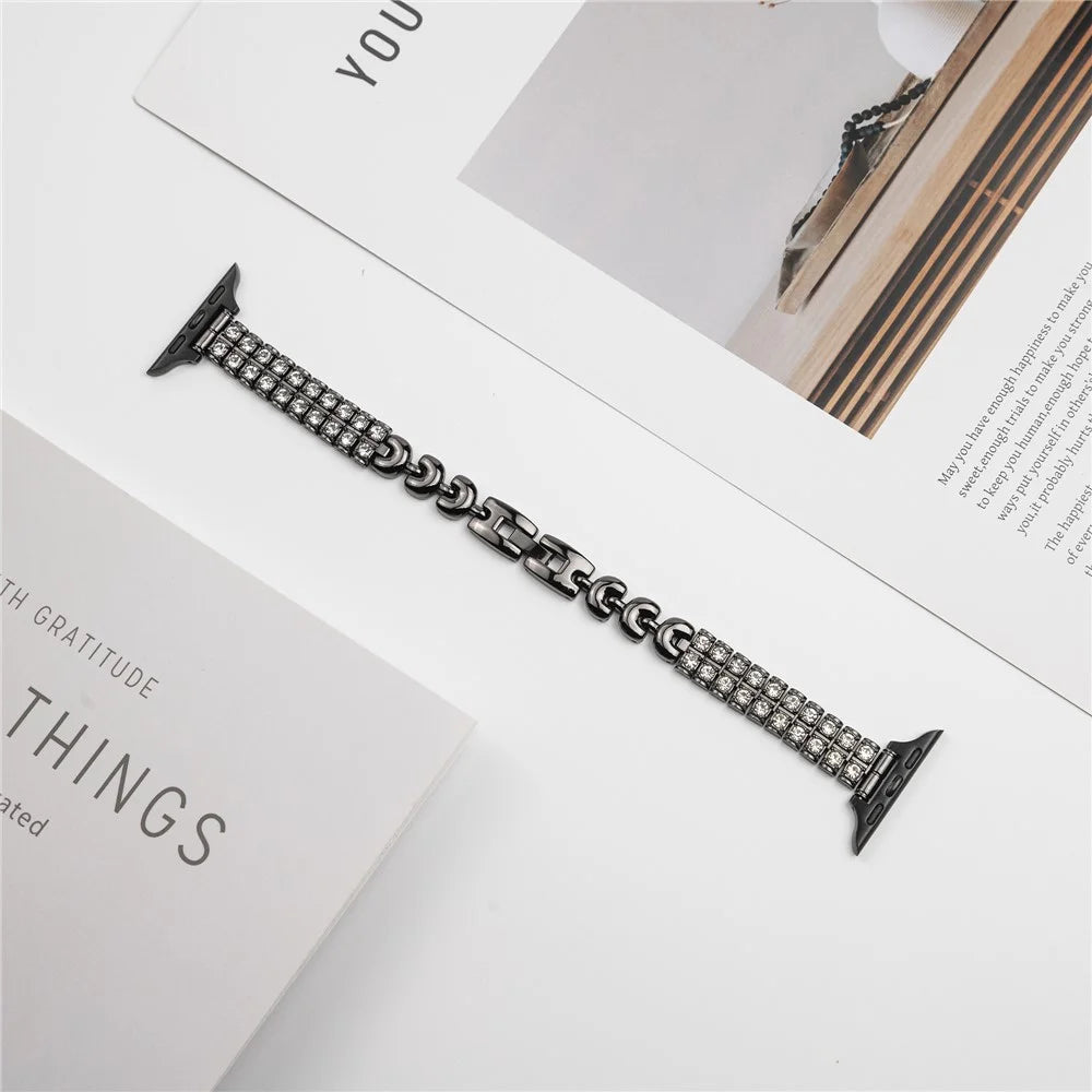 For Apple Watch Ultra 3 2 1 49mm / Series 11 10 46mm / 9 8 7 45mm / SE3 SE2 SE 6 5 4 44mm / 3 2 1 42mm Rhinestones Metal Watch Strap - Black - 2
